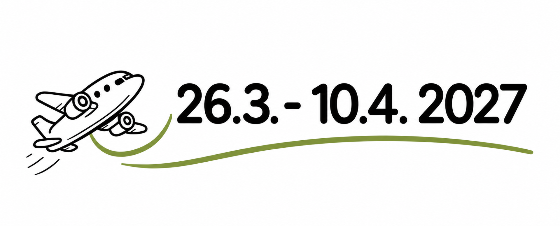 Ilustrace letadla s datem 26.3.–10.4.2027 a zeleným obloukem na bílém pozadí