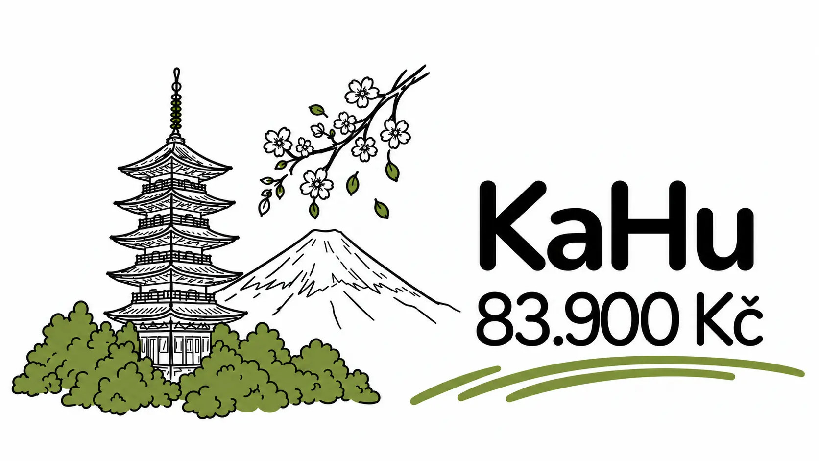Ilustrace japonské pagody, hory a květin s nápisem „KaHu“ a cenou 83.900 Kč.